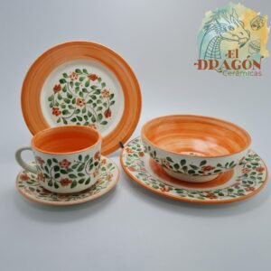 Puesto de Vajilla - Cerámicas el Dragon, - ceramica de el Carmen de Viboral - decoración cami naranja